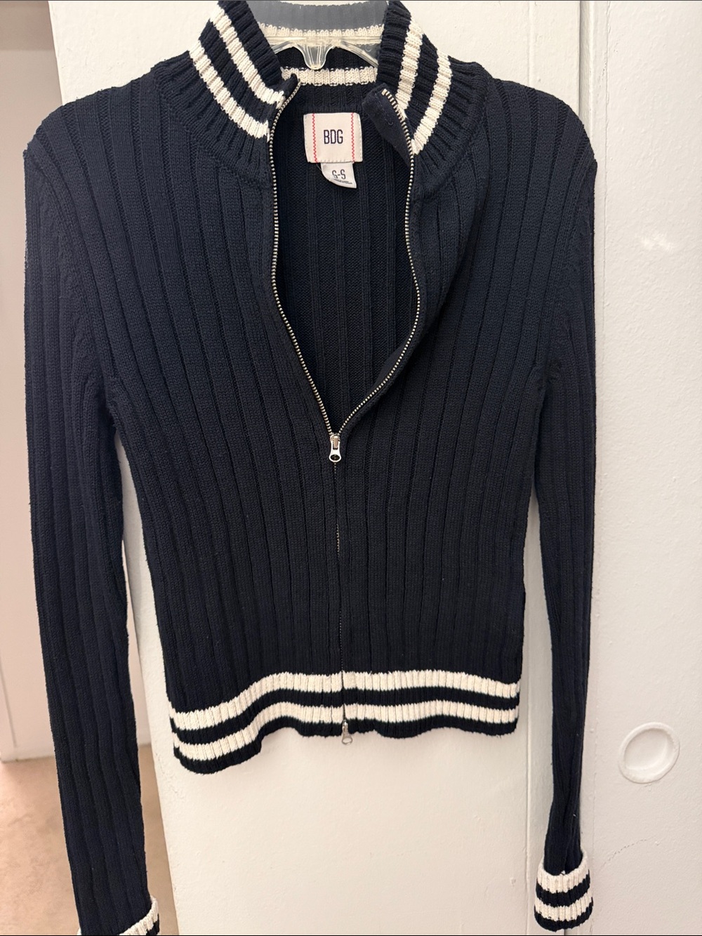 BDG Urban Outfitters Quinn Black Ribbed Zip-Up Varsity Sweater S